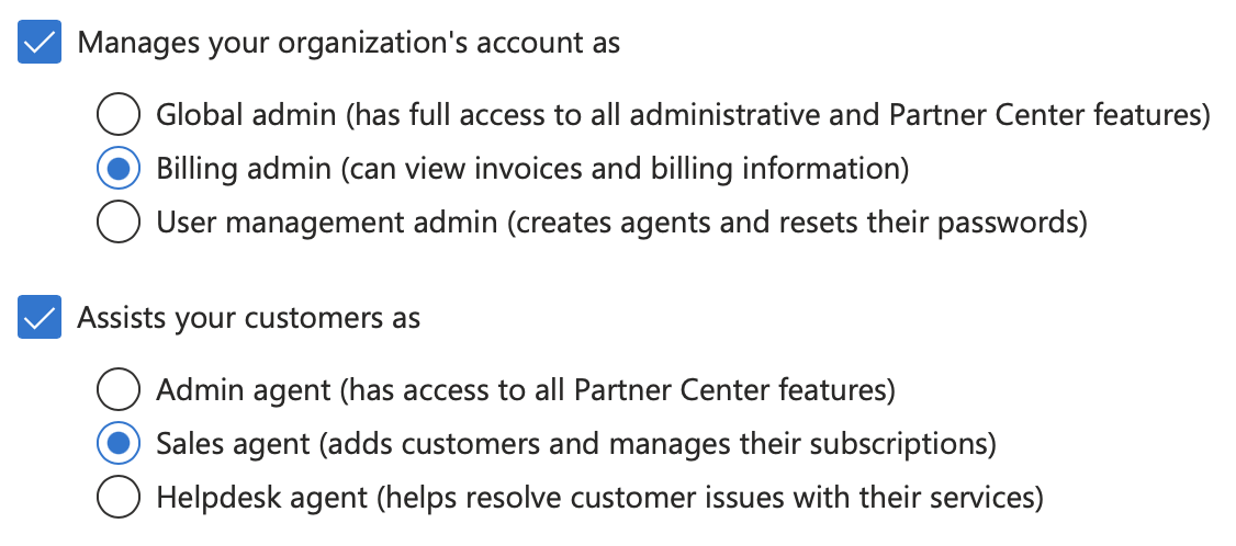 Screenshot showing required Partner Center permissions
